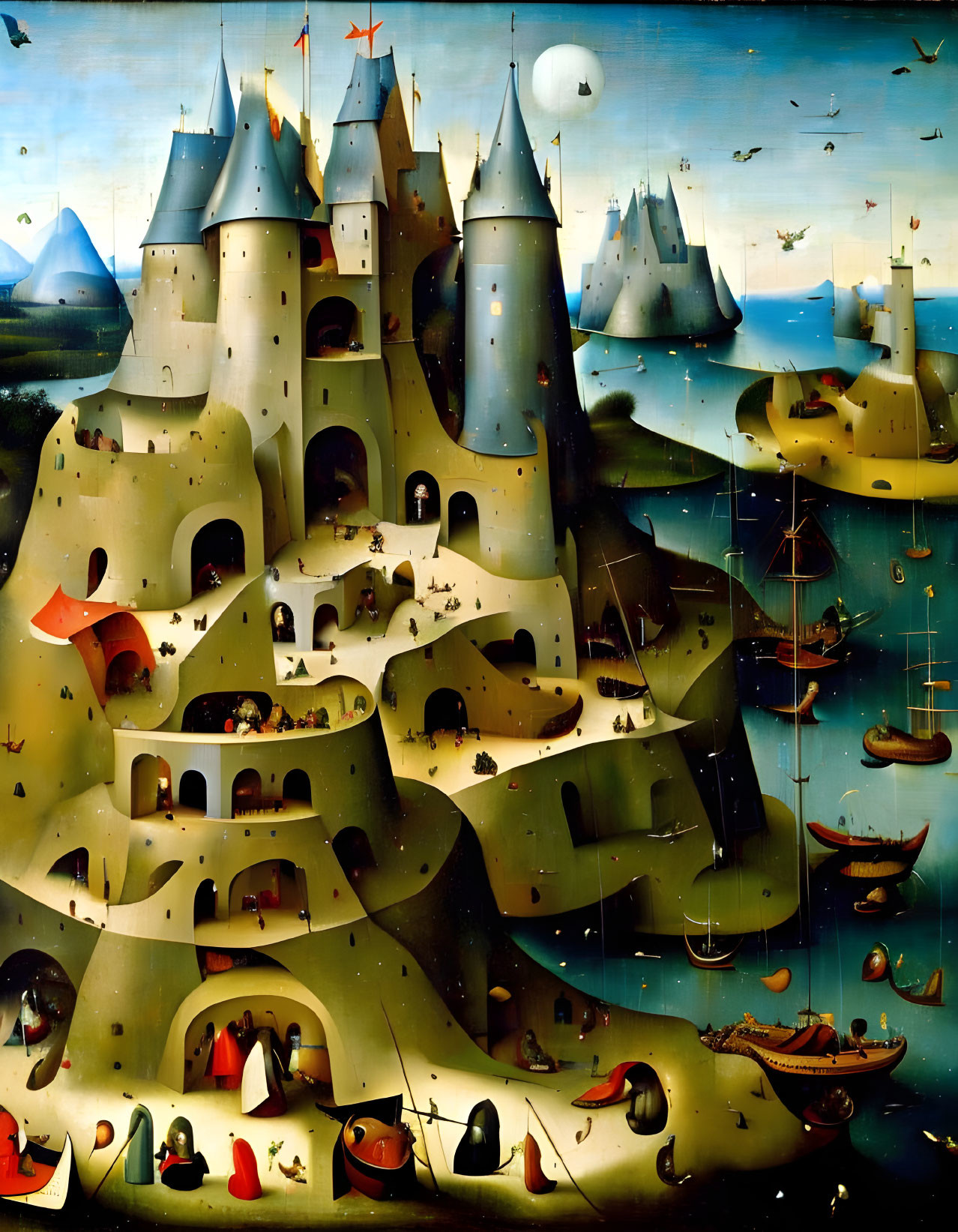 Detailed Renaissance coastal landscape with castle, ships, and tiny figures