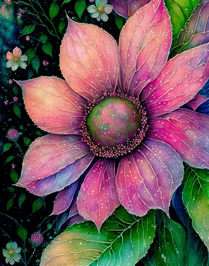 Colorful digital artwork: Pink and purple flower in celestial setting