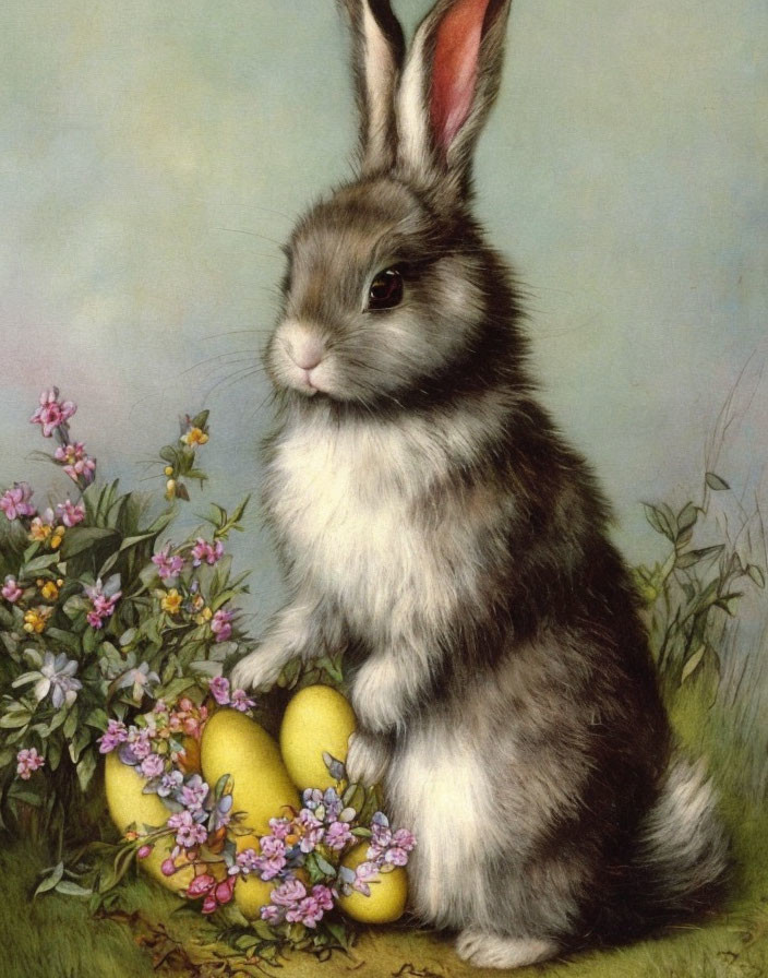 Detailed Illustration: Grey and White Rabbit with Yellow Eggs and Pink Flowers