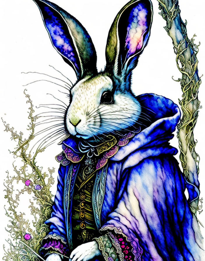 Anthropomorphic rabbit in elegant blue coat beside a plant