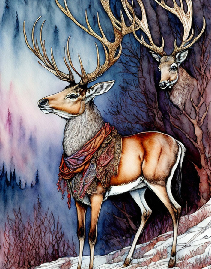 Two majestic deer with elaborate antlers in a wintery forest, one wearing a decorative scarf