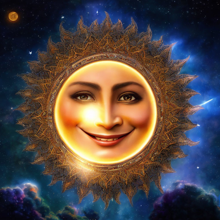 Illustration of Smiling Sun with Golden Aura in Starry Night Sky