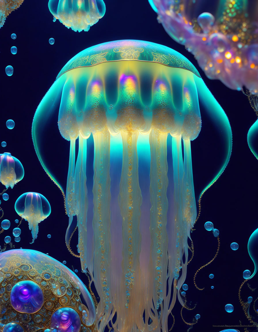 Colorful Jellyfish Artwork in Deep Blue Underwater Scene