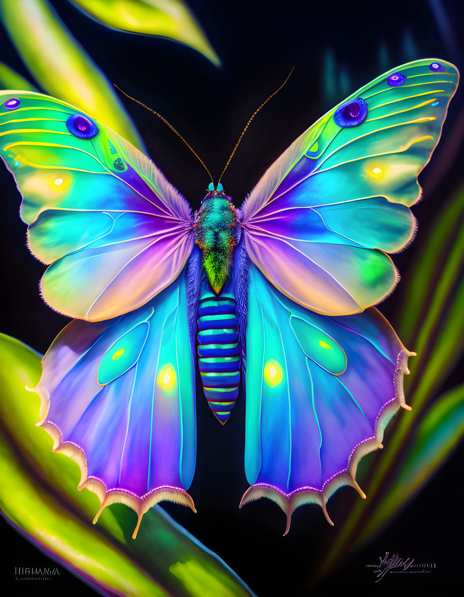 Colorful Butterfly Resting on Plants Against Dark Background