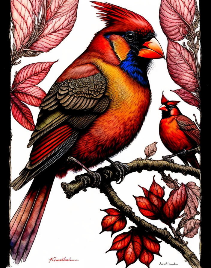 Detailed Illustration of Two Cardinals on Branch with Autumn Leaves