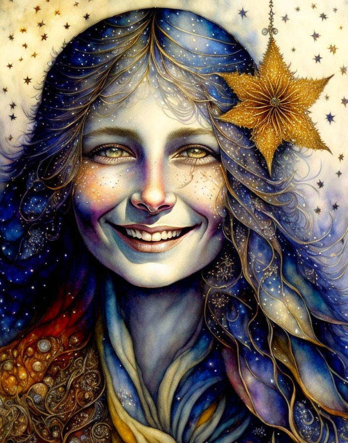 Colorful painting of smiling person with blue hues and starry motifs