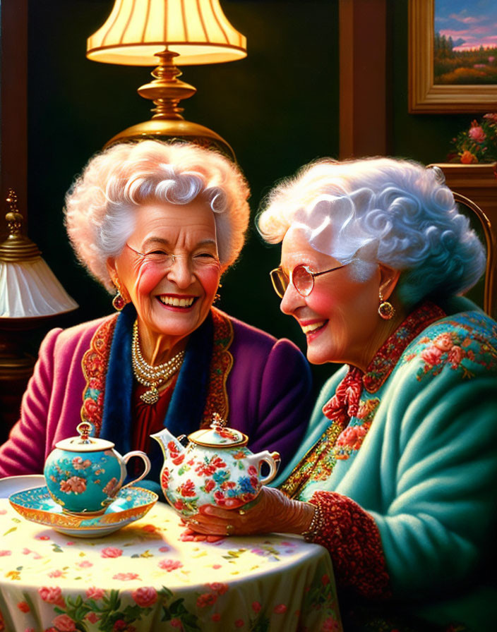 Elderly women enjoying tea together with scenic background