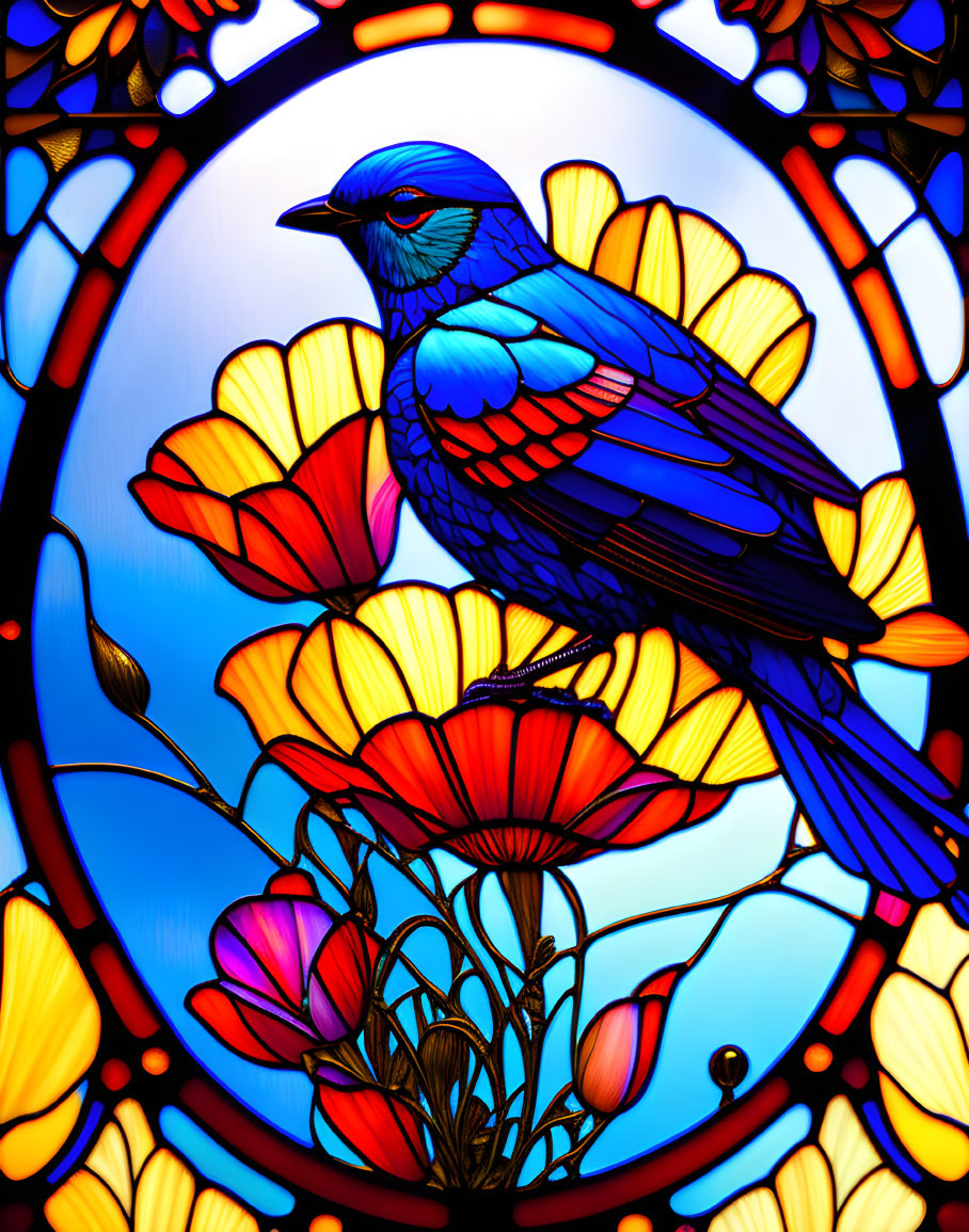 Colorful Stained Glass Artwork: Blue Bird on Branch with Flowers