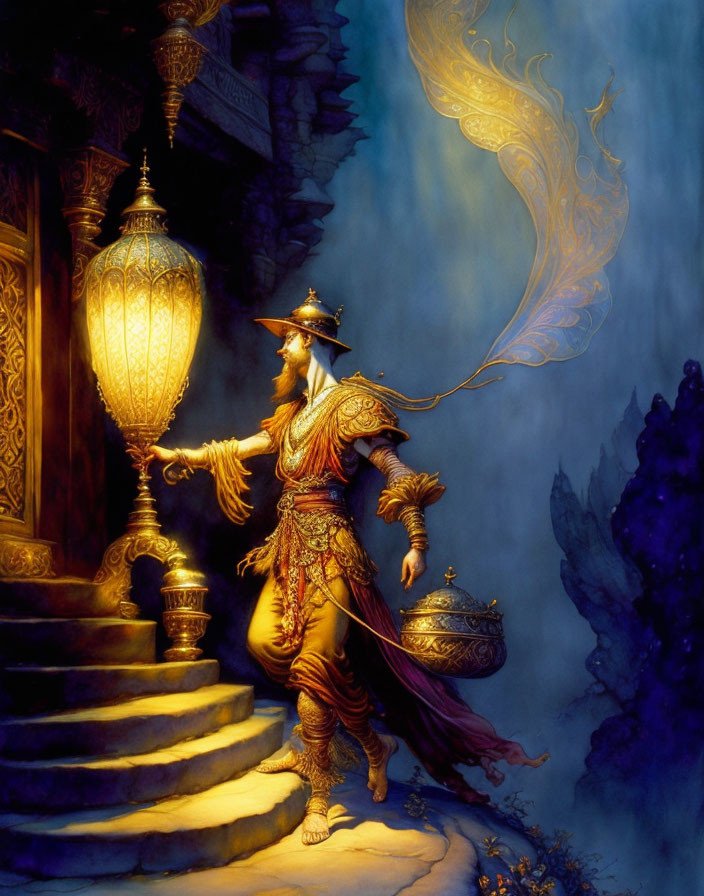 Elaborately armored warrior with lantern on mystical staircase