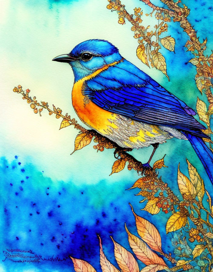 Colorful Watercolor Painting of Blue and Yellow Bird on Branch