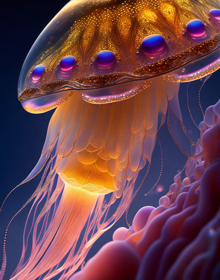 Luminescent jellyfish with golden patterns in deep sea setting