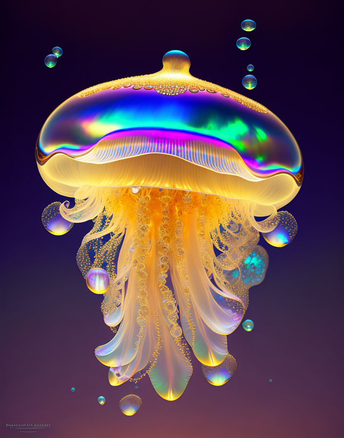 Colorful Digital Artwork: Iridescent Jellyfish with Trailing Tentacles