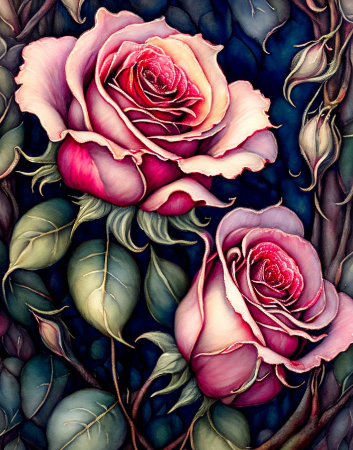 Pink Roses with Red Centers and Dark Green Leaves on Dark Background