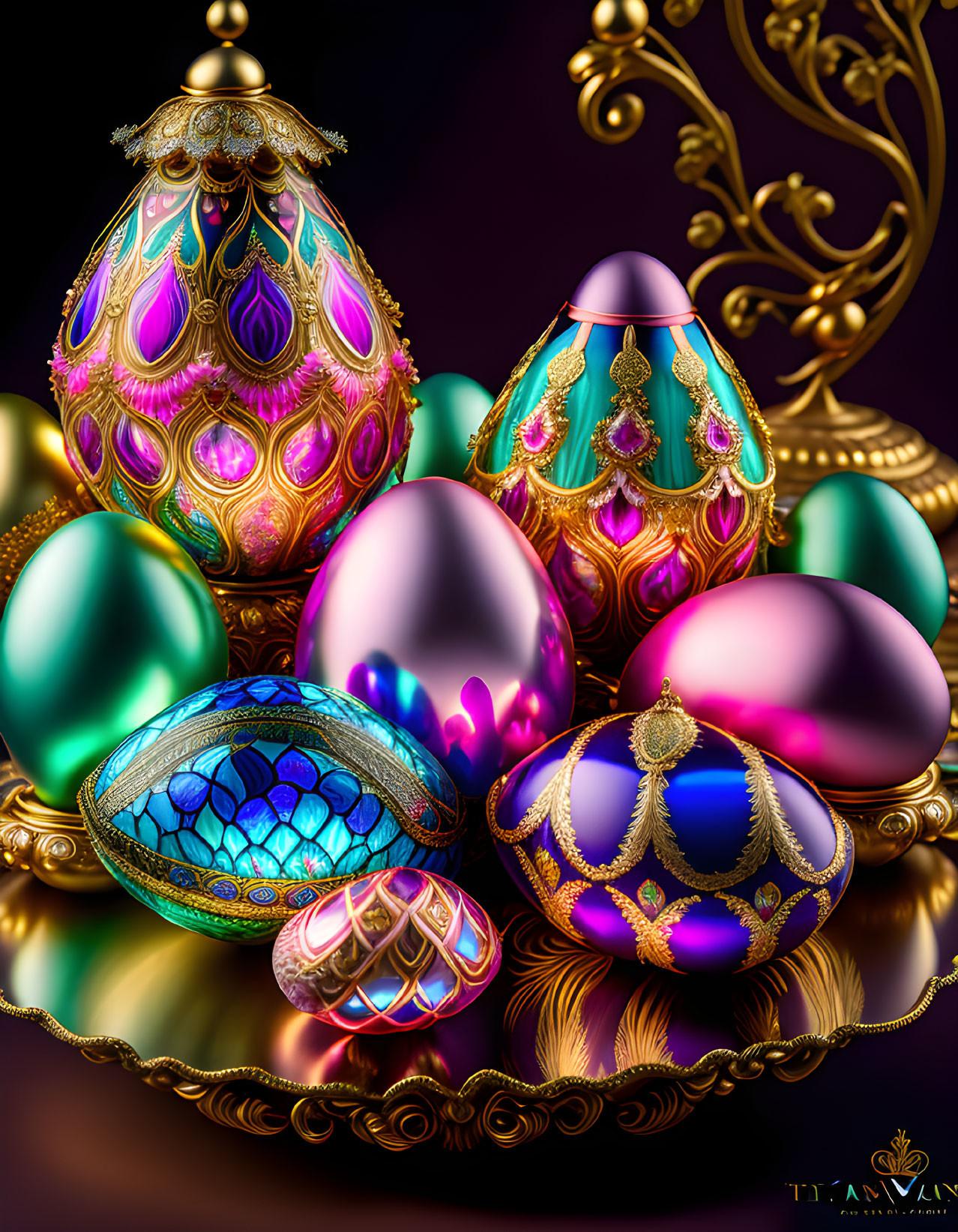 Exquisite collection of ornate jewel-toned eggs on golden stand