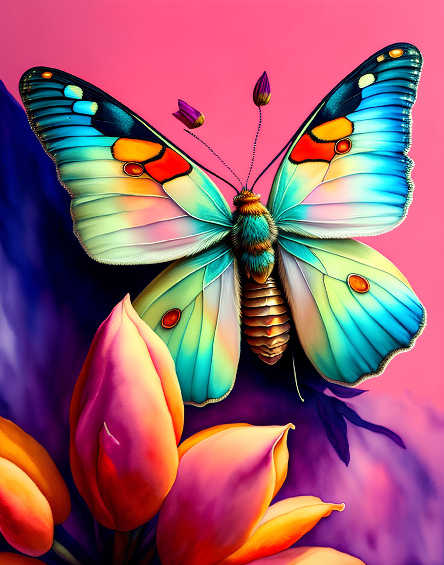 Colorful Butterfly Illustration Perched on Pink Tulips