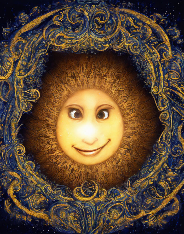 Illustration of Smiling Sun in Ornate Golden Frame