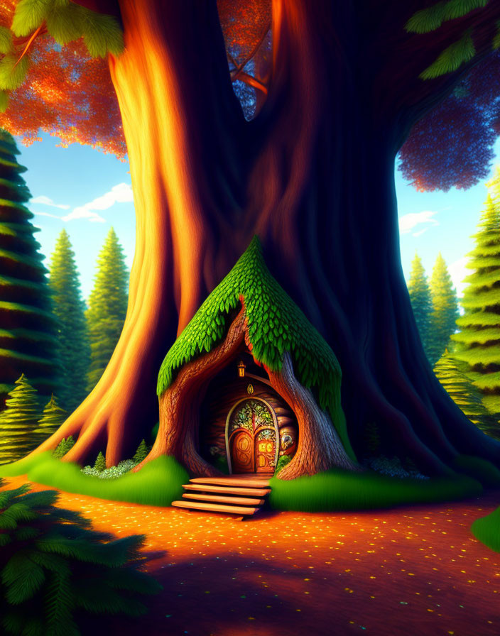 Illustration of illuminated tree nook in enchanted forest