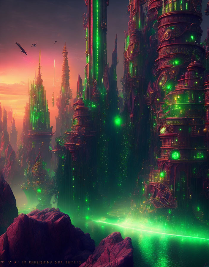 Futuristic cityscape at dusk with green-lit spires and neon river