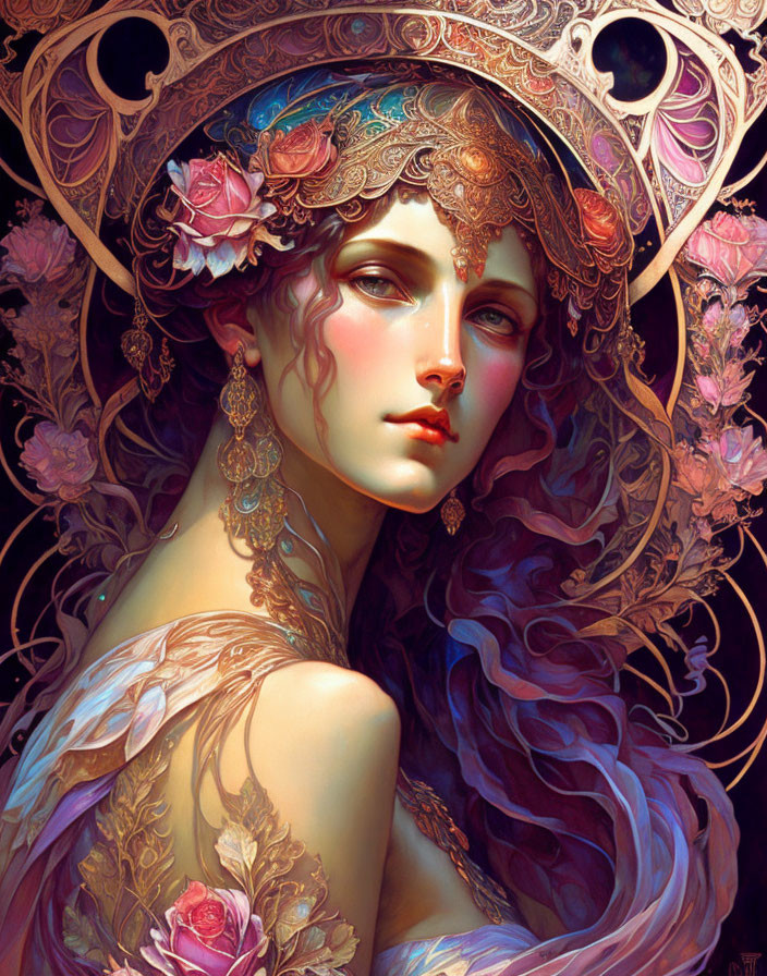 Detailed Art Nouveau Woman Portrait with Floral Headdress