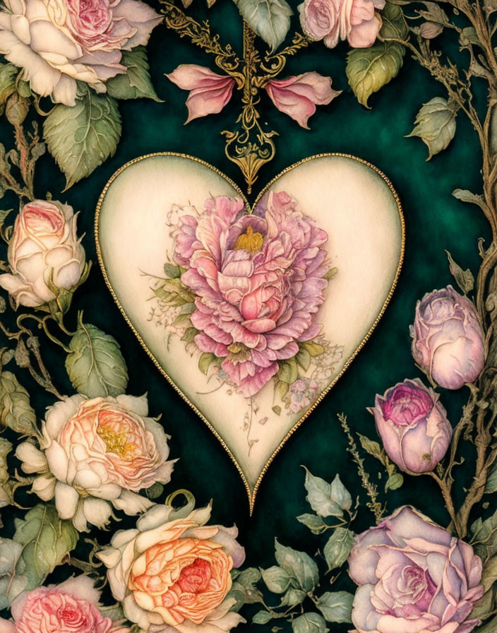 Ornate heart with climbing roses on dark backdrop in pink, white, and green tones