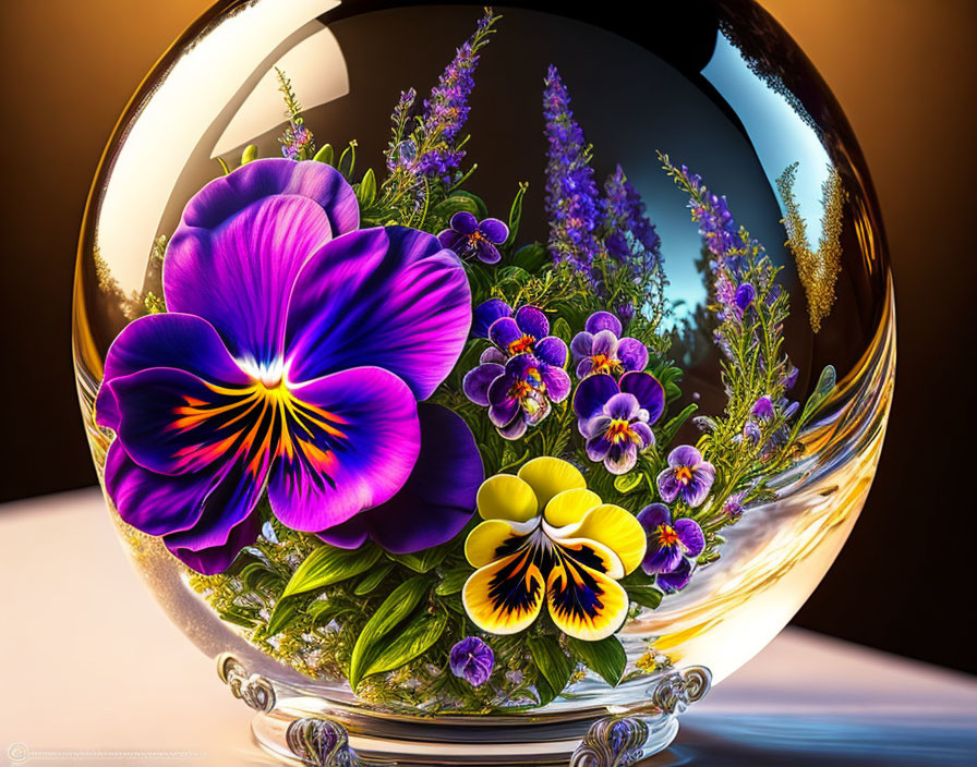 Crystal ball magnifies vibrant purple and yellow pansies and flowers on warm backdrop