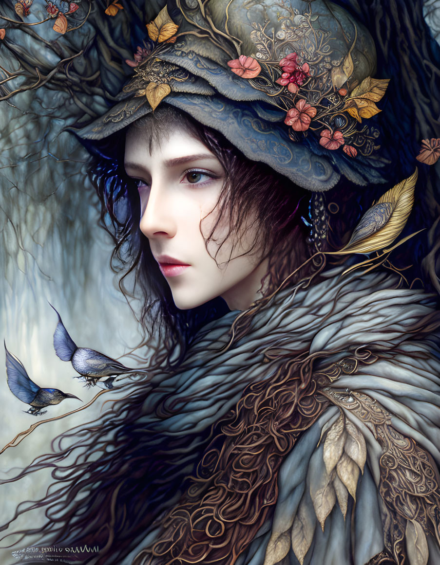 Digital painting of woman in autumn attire with birds in muted background