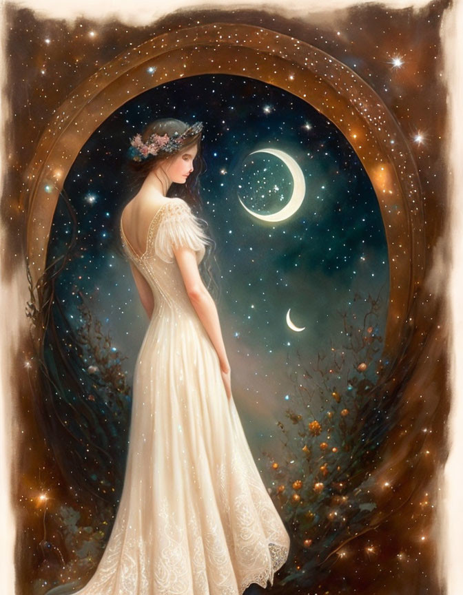 Vintage dress woman gazes at starry night sky with crescent moon.