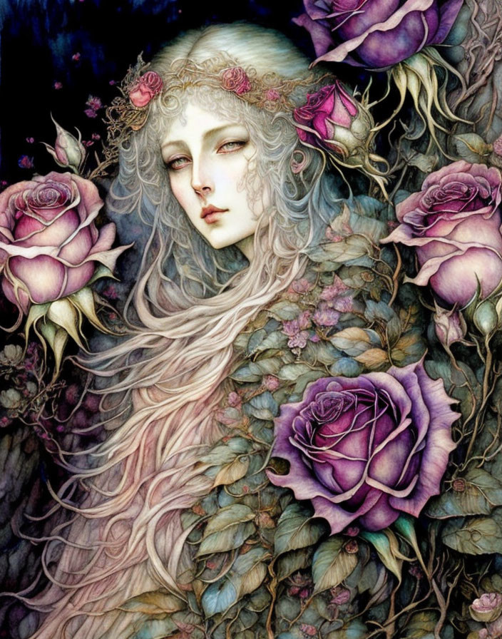 Fantasy illustration of pale-skinned woman with flowing hair and roses in dark backdrop