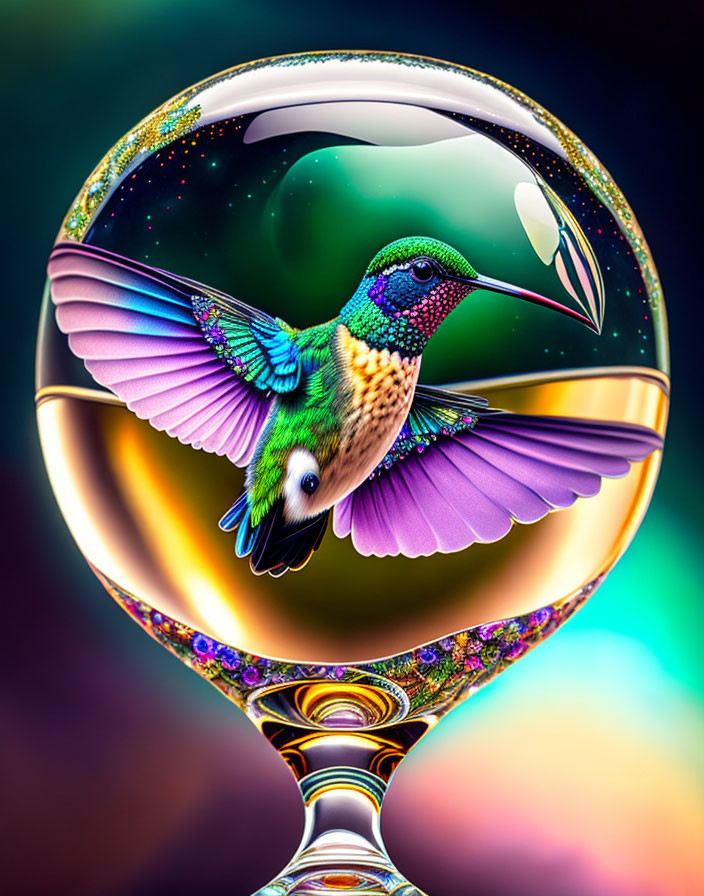 Colorful hummingbird digital artwork in cosmic glass orb.