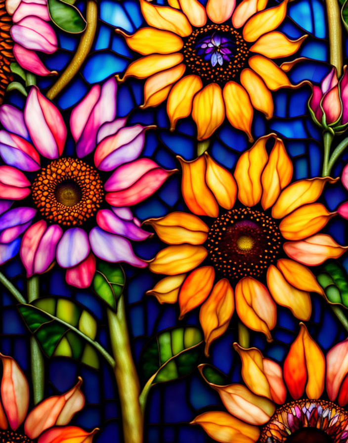 Colorful Blooming Flowers Stained Glass Window with Sunflowers and Daisies