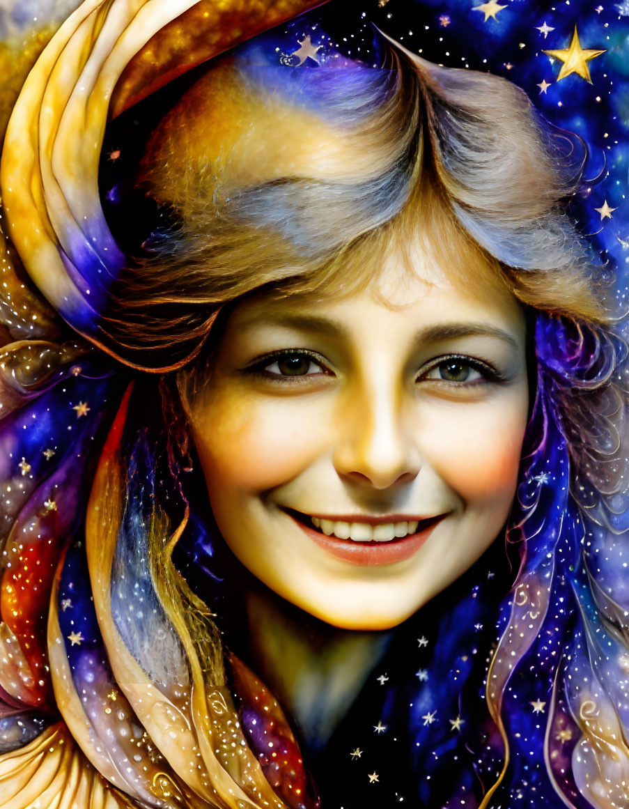 Colorful artwork of a smiling girl merging with a cosmic galaxy