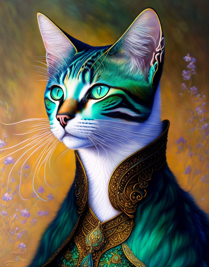 Colorful cat illustration with turquoise and green hues and golden collar on purple flower background