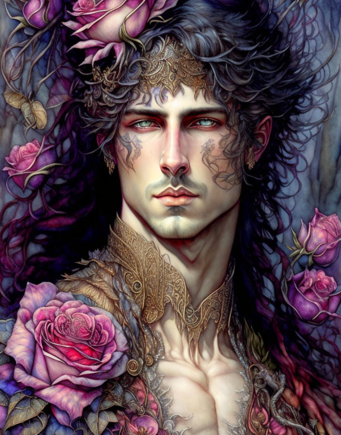 Portrait of Striking Individual with Blue Eyes and Golden Filigree Mask among Purple Roses