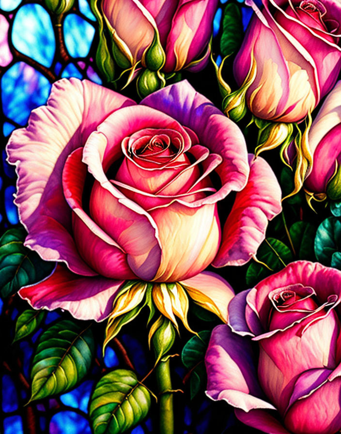 Colorful digital artwork: pink and purple roses on blue stained glass