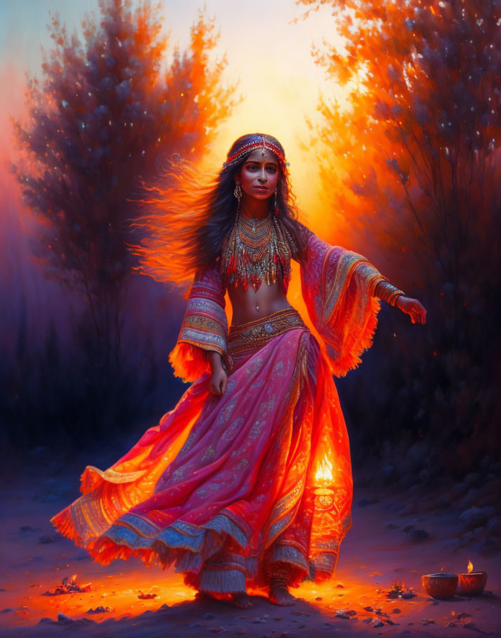 Traditional Indian Attire Woman Dancing in Fiery Forest at Twilight