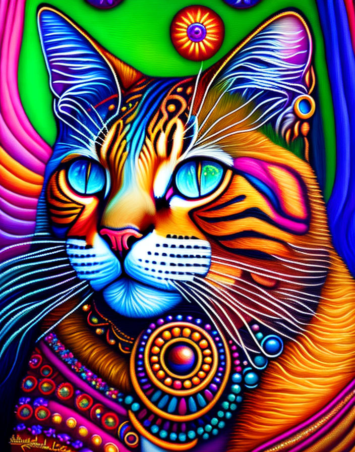 Colorful Psychedelic Cat Painting with Swirling Designs