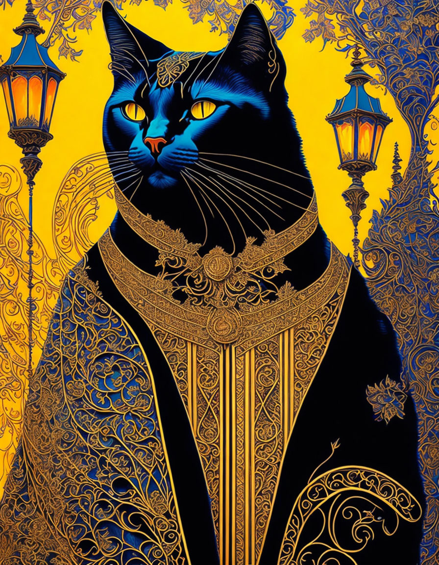 Illustrated black cat with gold collar and cape on intricate golden background.