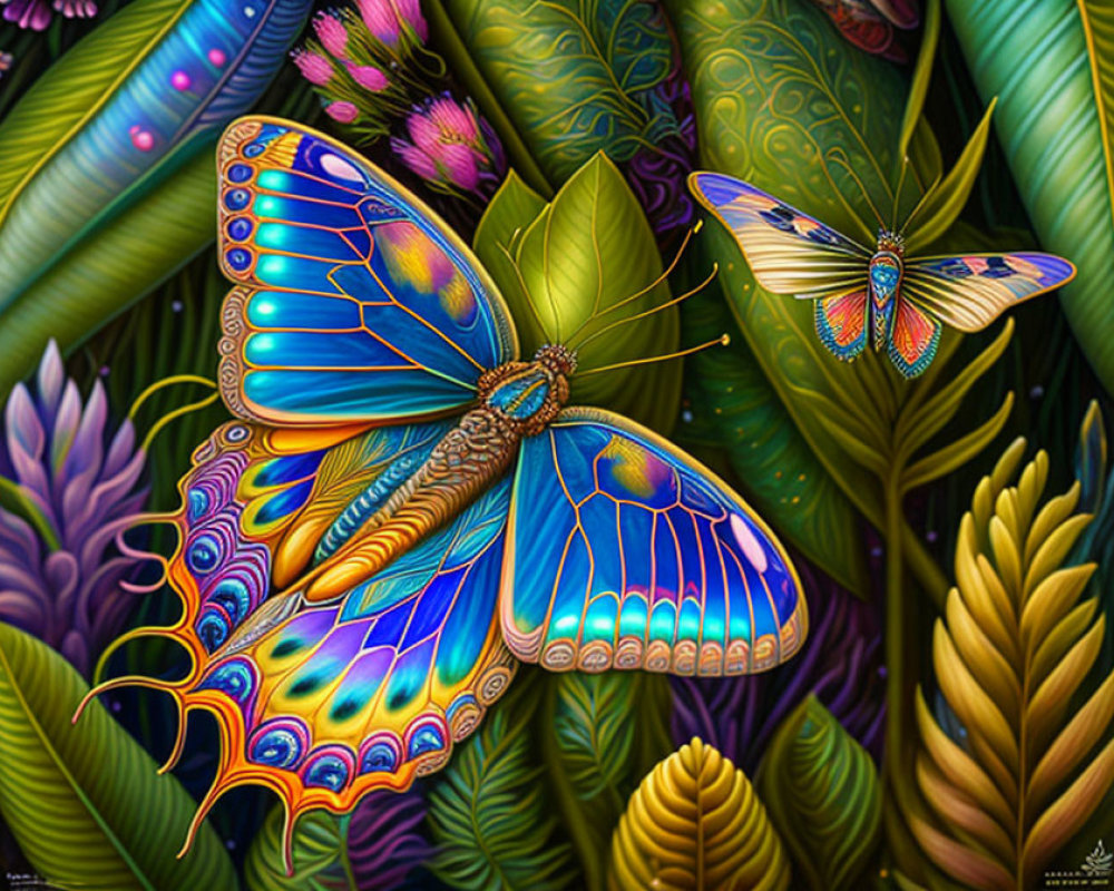 Colorful digital artwork featuring iridescent butterflies in lush foliage