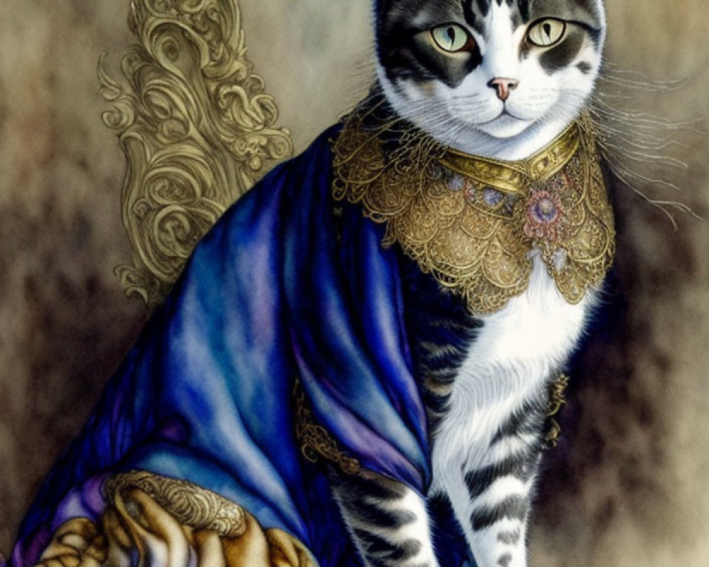 Regal Cat in Blue and Gold Robe with Ornate Column Background