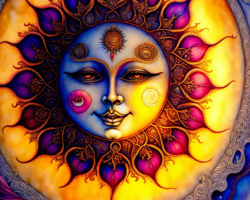 Colorful Psychedelic Sun Illustration with Serene Human Face and Flames