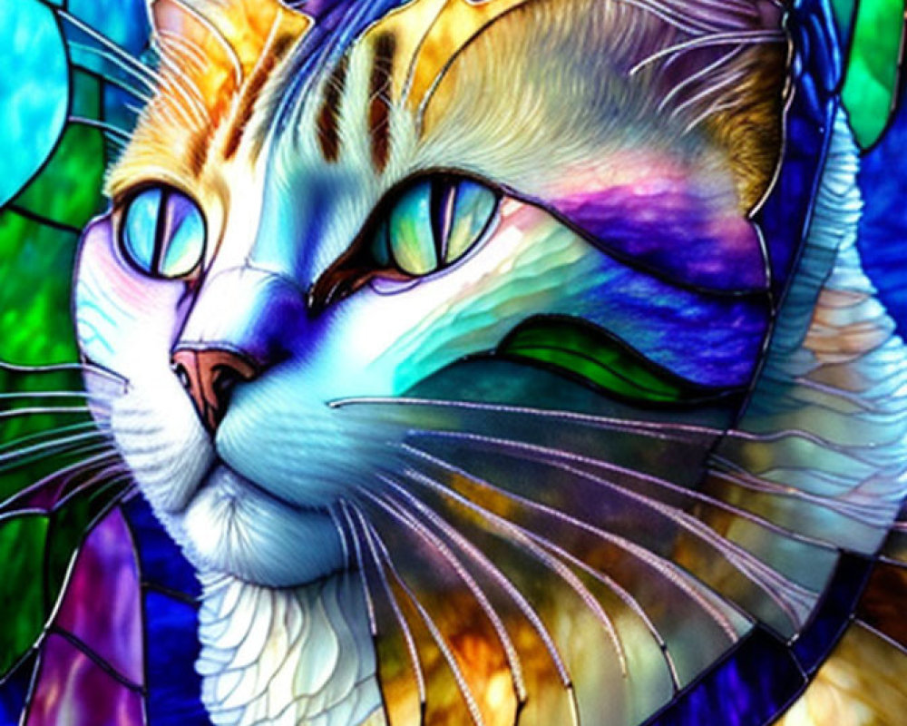 Vibrant Cat Illustration in Stained Glass Style