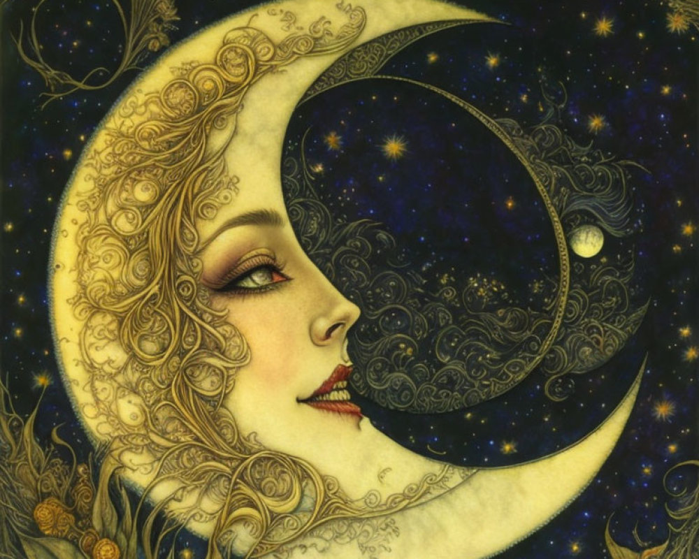 Crescent moon personified with woman's face and stars on dark sky