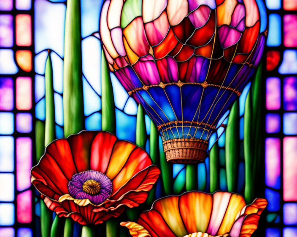 Colorful stained glass window with hot air balloon, poppy flowers, and blue mosaic squares