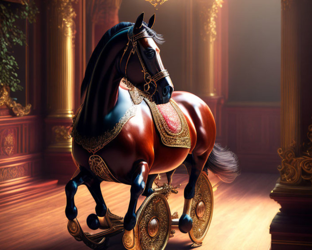 Majestic black-maned horse in golden tack walks through opulent hallway