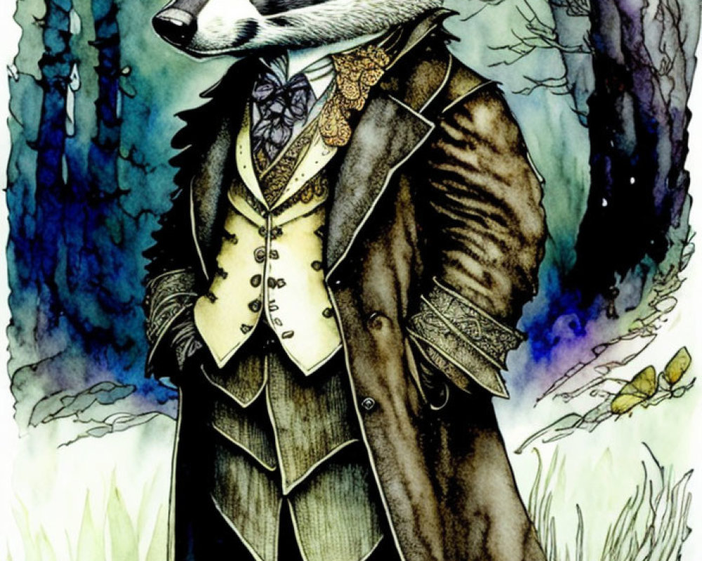 Elegant Victorian suit worn by anthropomorphized badger