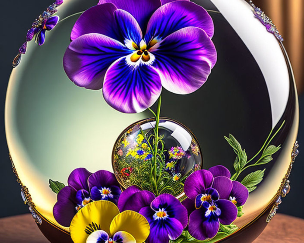 Vibrant 3D Purple and Yellow Pansies on Crystal Orb Display