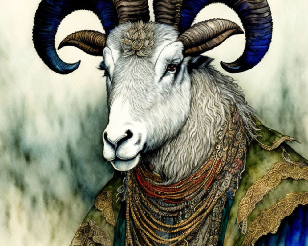 Detailed anthropomorphic ram illustration with ornate jewelry and clothing