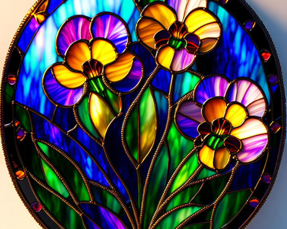 Colorful Floral Stained Glass Panel with Purple and Yellow Flowers