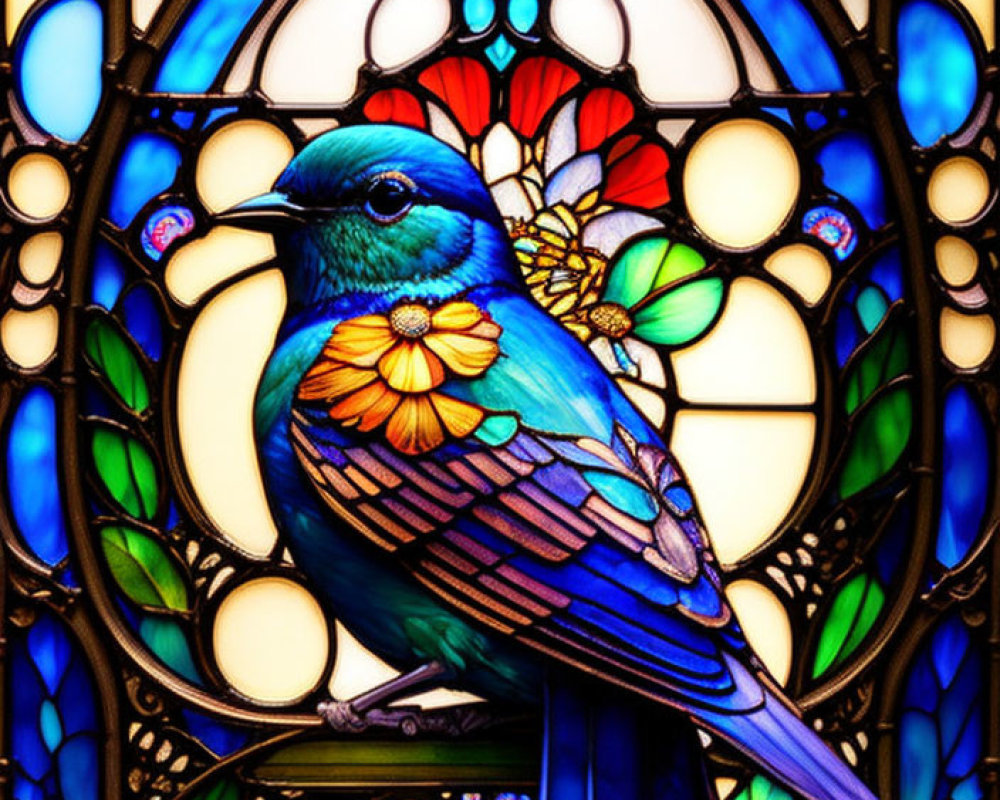 Colorful stained glass window with bluebird and floral design