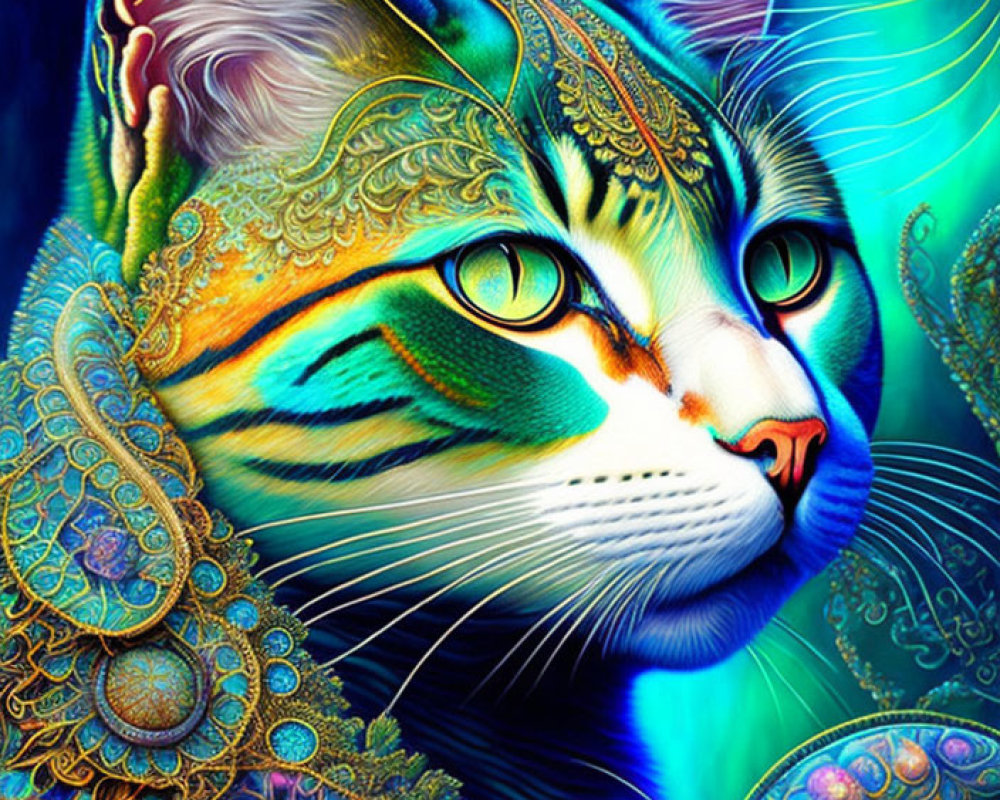 Colorful digital artwork of a cat with intricate patterns in blue, green, and gold.